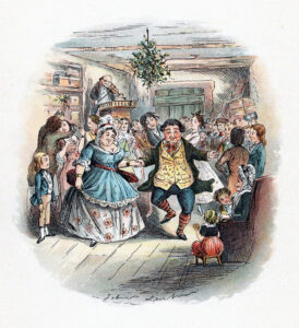 An old engraving of people dancing under mistletoe