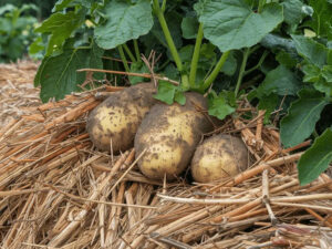 some large potatoes grown in straw