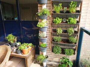Tiered planters on a balcony, full of lush green herbs.