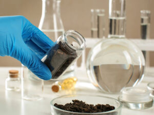 gloved hand holding a jar of soil in a laboratory