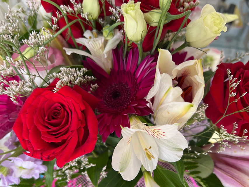 A mixed bouquet of red, white, and pink flowers