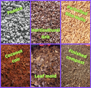 alternatives to vermiculite or perlite: pumice, horticultural grit, parboiled rice hulls, coconut coir, leaf mold and compost