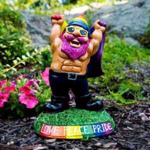 A pride-themed garden gnome
