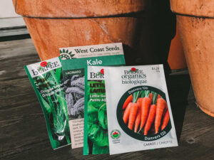 A selection of seed packets in front of some terracotta pots