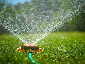 A sprinkler watering a lawn