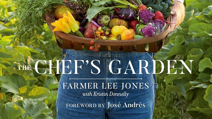 Cropped version of Cover of the Book The Chef's Garden, featuring the author with an armload of vegetables